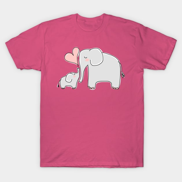 Mom and Baby Elephant with Pink Heart T-Shirt by HappyCatPrints